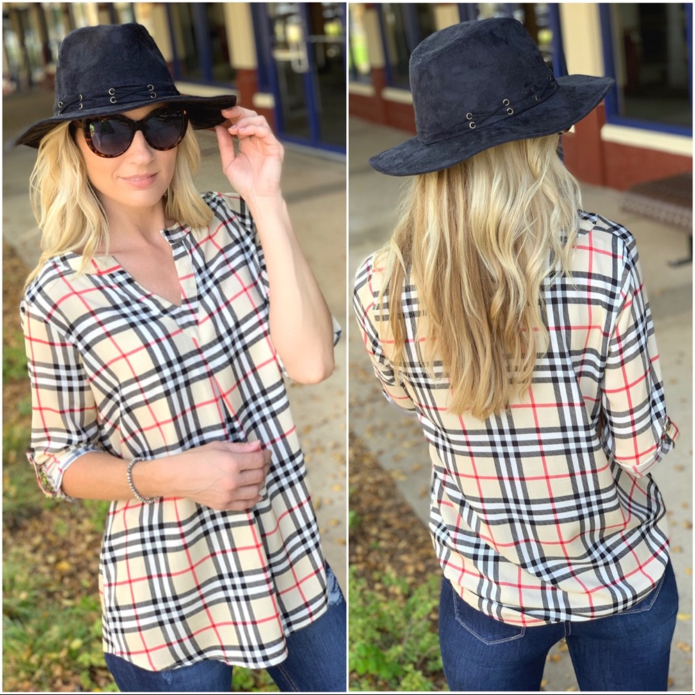 ✨LAST ONE✨Taupe plaid pleat Front roll tan sleeve - Picture 4 of 4